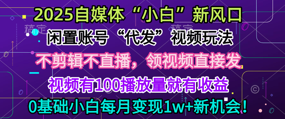 2025每月躺赚5w+新机会，闲置视频账号一键代发玩法，0粉不实名不剪辑，领了视频直接发，0基础小白也能日入300+-互创学社